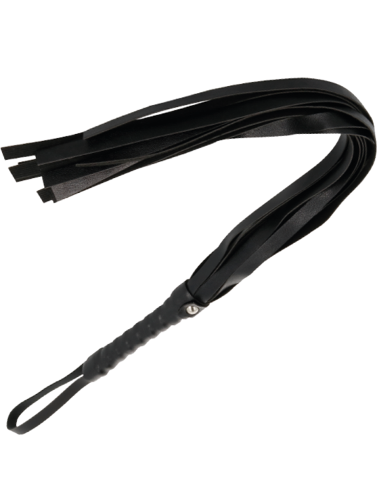 Flogger Darkness de tiras planas negras con mango estriado y lazo de muñeca