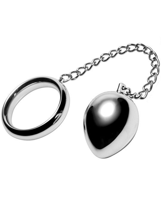 Anillo Metal Hard de acero inoxidable con cadena y pieza anal metálica en forma de gota