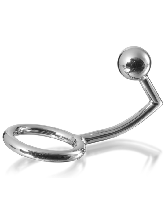 Anillo Metal Hard Intruder de acero quirúrgico pulido con varilla curva y bola anal en el extremo