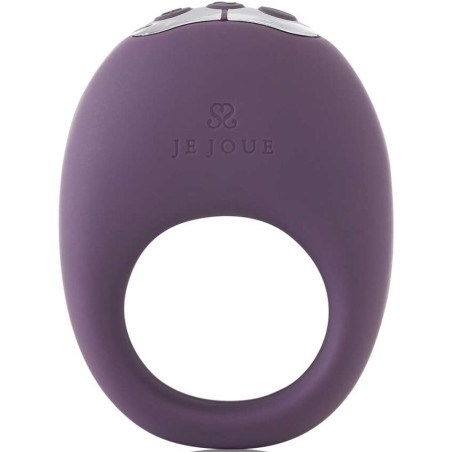 Je Joue Mio morado, anillo vibrador de silicona con placa de tres botones plateada y logotipo Je Joue