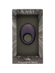 Caja del Je Joue Mio con el anillo morado visible en la ventana y el texto Strong and flexible cock ring