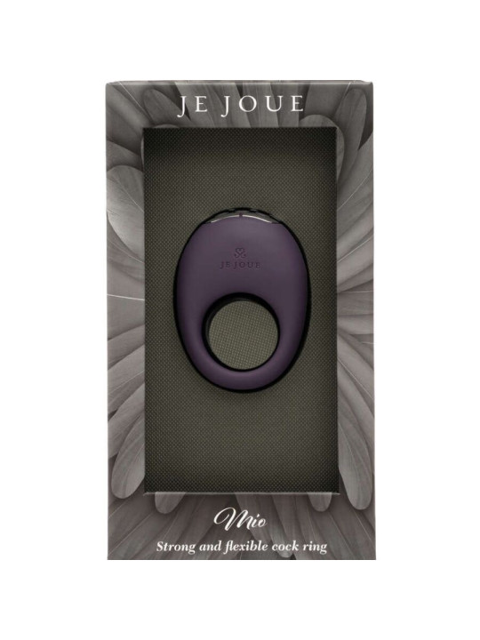 Caja del Je Joue Mio con el anillo morado visible en la ventana y el texto Strong and flexible cock ring