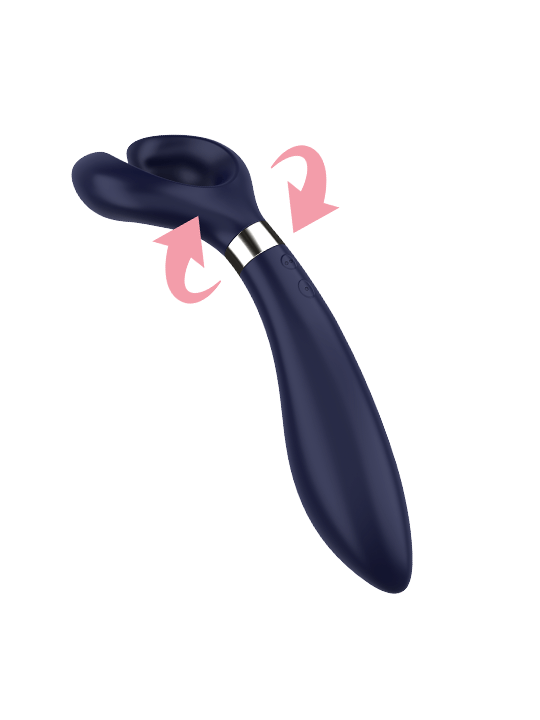 Satisfyer Endless Fun azul con flechas que muestran el giro de 180° del cabezal de dos brazos