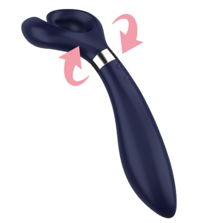 Satisfyer Endless Fun azul con flechas que muestran el giro de 180° del cabezal de dos brazos