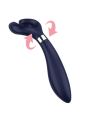 Satisfyer Endless Fun azul con flechas que muestran el giro de 180° del cabezal de dos brazos