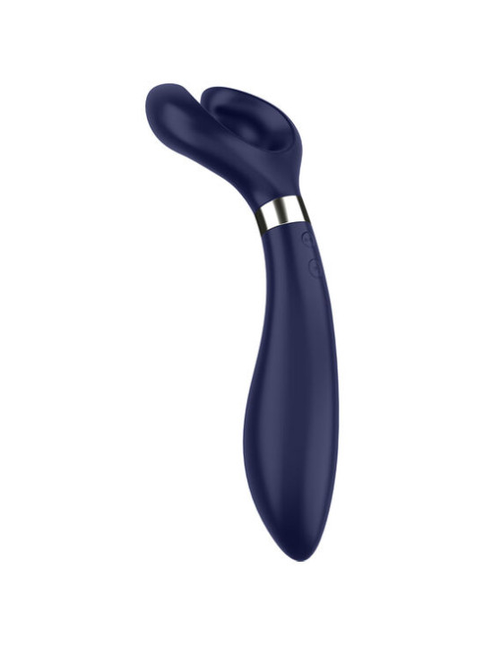 Multivibrador Satisfyer Endless Fun azul de perfil: tronco insertable curvo, dos botones y brazos flexibles