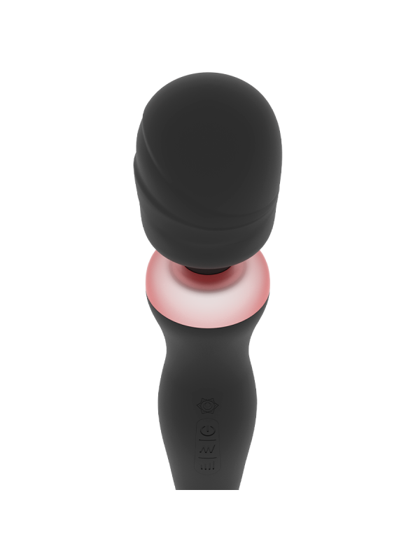 Rithual Akasha 2.0 en negro, masajeador wand de silicona con cabeza flexible y aro luminoso en el cuello