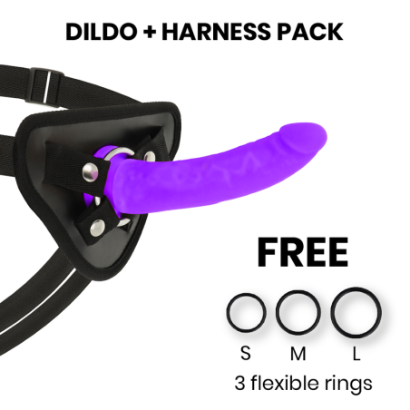 Pack Delta Club: arnés negro de correas con dildo lila de silicona médica y tres anillos S, M y L