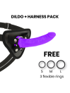 Pack Delta Club: arnés negro de correas con dildo lila de silicona médica y tres anillos S, M y L