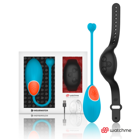 Huevo vibrador Wearwatch azul con panel naranja, reloj mando negro Watchme, cable USB y su caja