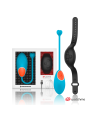 Huevo vibrador Wearwatch azul con panel naranja, reloj mando negro Watchme, cable USB y su caja