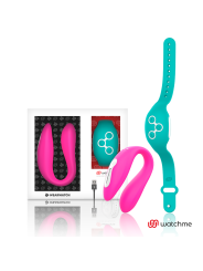 Vibrador dual Wearwatch en U fucsia con reloj mando WatchMe aguamarina, cable USB y caja