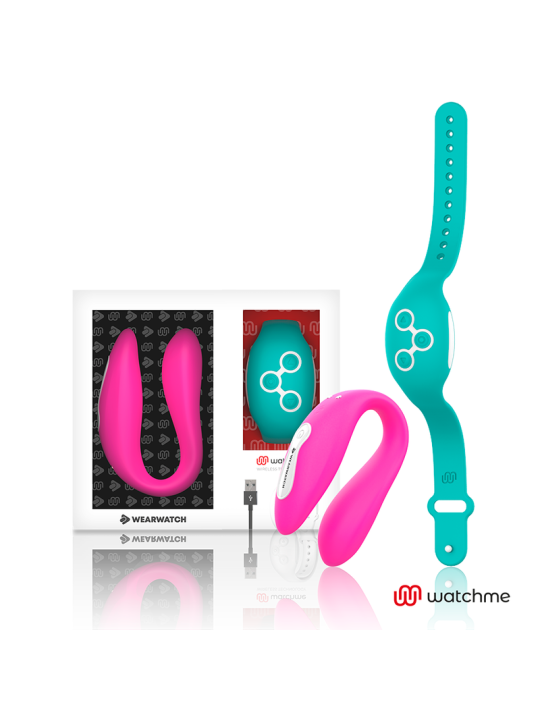 Vibrador dual Wearwatch en U fucsia con reloj mando WatchMe aguamarina, cable USB y caja