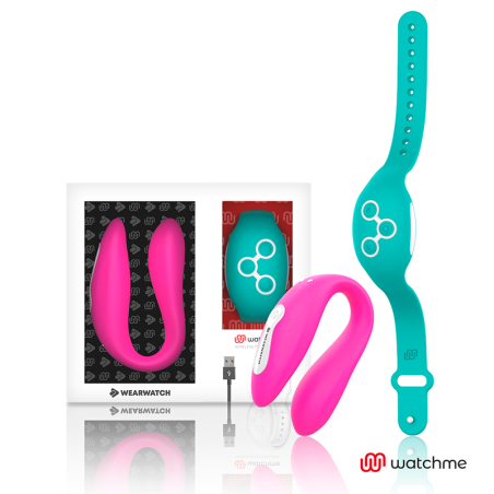 Vibrador dual Wearwatch en U fucsia con reloj mando WatchMe aguamarina, cable USB y caja