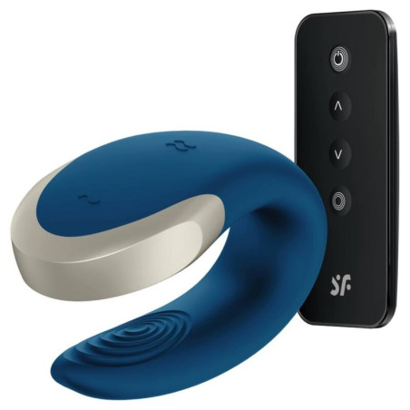 Satisfyer Double Love azul con tapa de metal plateado y su mando a distancia negro de cuatro botones