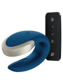 Satisfyer Double Love azul con tapa de metal plateado y su mando a distancia negro de cuatro botones