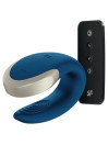 Satisfyer Double Love azul con tapa de metal plateado y su mando a distancia negro de cuatro botones