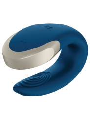 Vibrador para parejas Satisfyer Double Love azul en forma de U con relieve de ondas en el brazo del clítoris