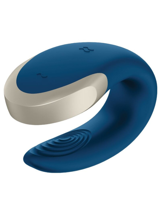 Vibrador para parejas Satisfyer Double Love azul en forma de U con relieve de ondas en el brazo del clítoris