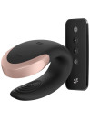 Satisfyer Double Love negro con tapa de metal dorado rosado y su mando a distancia negro