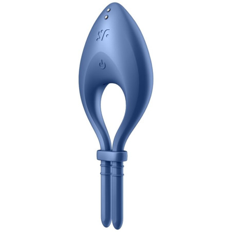 Anillo vibrador Satisfyer Bullseye en azul, con lazo ajustable y botón de encendido en la cabeza