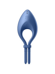 Satisfyer Bullseye azul con el lazo abierto, mostrando el aro ajustable y los contactos de carga