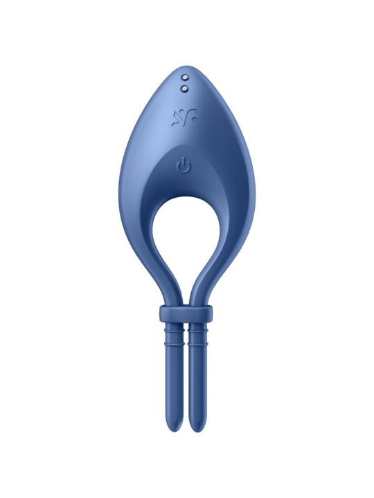 Satisfyer Bullseye azul con el lazo abierto, mostrando el aro ajustable y los contactos de carga