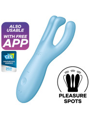Satisfyer Threesome 4 azul con tres brazos flexibles, sello CES Innovation Awards 2021 y aviso de app gratuita