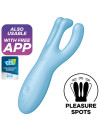 Satisfyer Threesome 4 azul con tres brazos flexibles, sello CES Innovation Awards 2021 y aviso de app gratuita