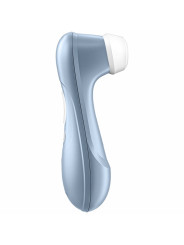 Perfil del succionador Satisfyer Pro 2 en azul con los botones de intensidad en el lateral del mango