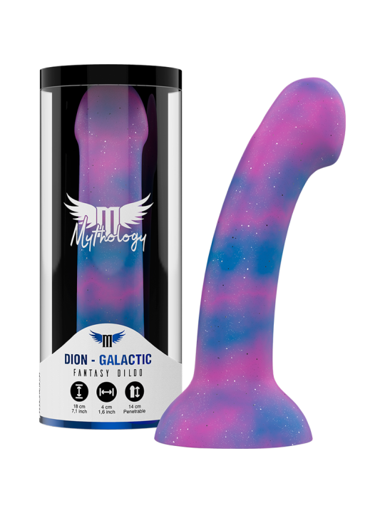 Dildo Mythology Dion Galactic en talla M junto a su envase cilíndrico, con acabado galáctico morado y azul y base plana