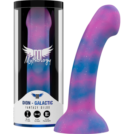 Dildo Mythology Dion Galactic en talla M junto a su envase cilíndrico, con acabado galáctico morado y azul y base plana
