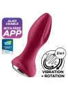 Satisfyer Rotator Plug 2+ en rojo, con los distintivos de app gratuita y vibración más rotación