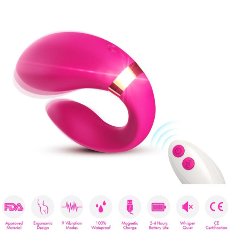 Armony Crescent en fucsia, vibrador para parejas en forma de C con anillo dorado y mando a distancia