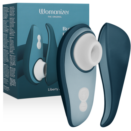 Womanizer Liberty 2 en azul con su tapa magnética y la caja: succionador de clítoris compacto con boquilla blanca
