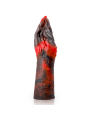 Epic Lilith, dildo de silicona líquida con forma de mano y acabado jaspeado negro y rojo, de pie sobre su base plana