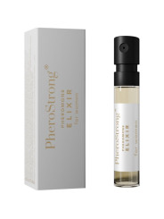 Vial de 2 ml de PheroStrong Pheromone Elixir for Women con pulverizador negro y su caja plateada