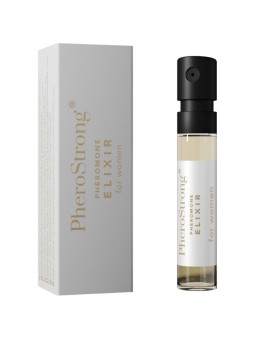 Vial de 2 ml de PheroStrong Pheromone Elixir for Women con pulverizador negro y su caja plateada