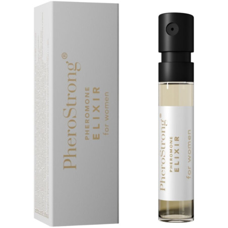 Vial de 2 ml de PheroStrong Pheromone Elixir for Women con pulverizador negro y su caja plateada