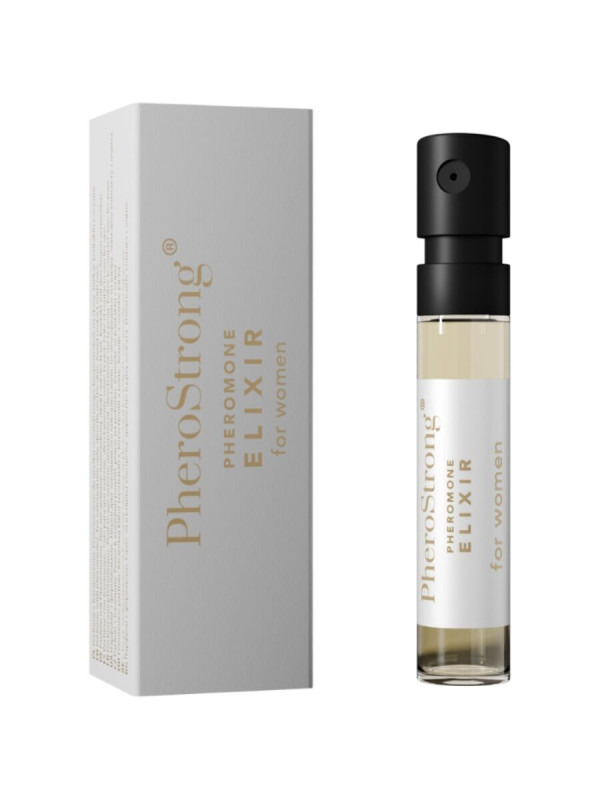 Vial de 2 ml de PheroStrong Pheromone Elixir for Women con pulverizador negro y su caja plateada