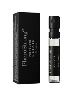 Vial de 2 ml de PheroStrong Pheromone Elixir for Men con etiqueta negra y su caja negra