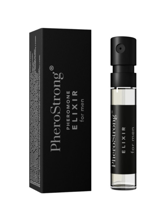 Vial de 2 ml de PheroStrong Pheromone Elixir for Men con etiqueta negra y su caja negra