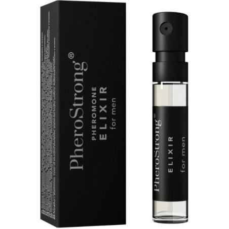 Vial de 2 ml de PheroStrong Pheromone Elixir for Men con etiqueta negra y su caja negra
