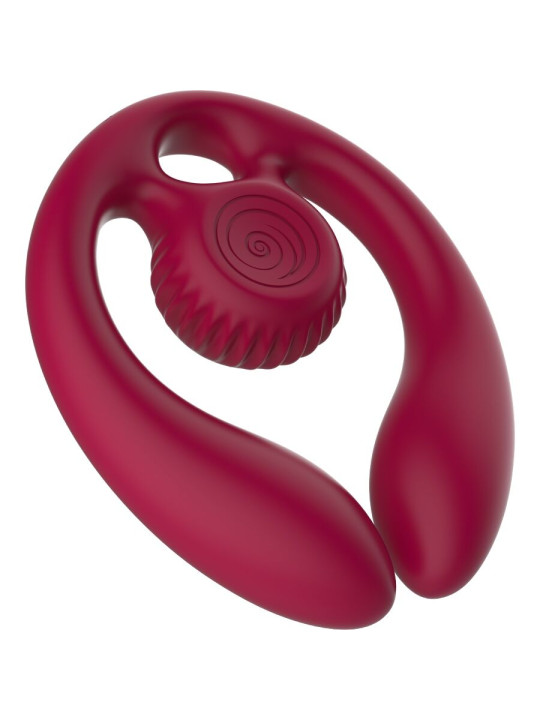 Vista trasera del Snail Vibe Gizi Duo burdeos con cabezal en espiral, anilla Finger Lock y contactos de carga magnética