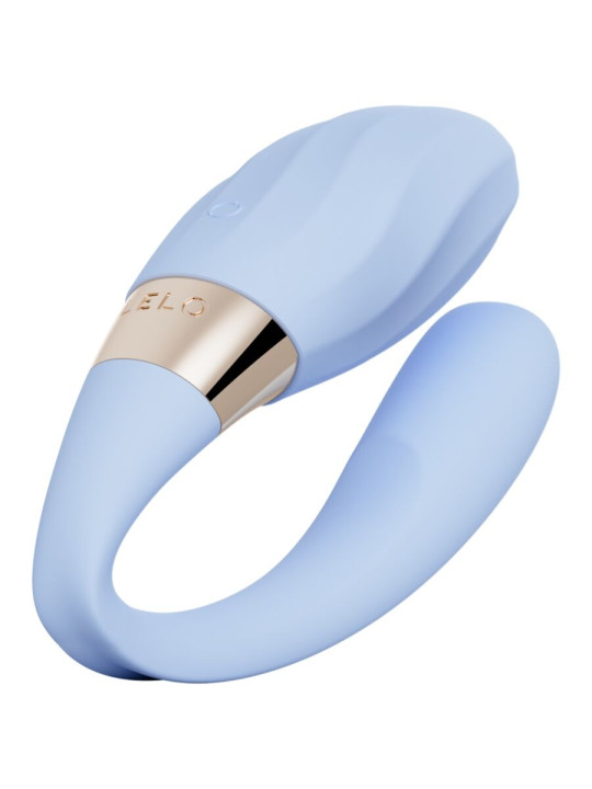 Vibrador para parejas LELO Tiani Twist en color celeste, silicona con aro dorado