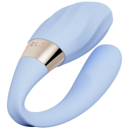 Vibrador para parejas LELO Tiani Twist en color celeste, silicona con aro dorado