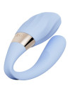 Vibrador para parejas LELO Tiani Twist en color celeste, silicona con aro dorado