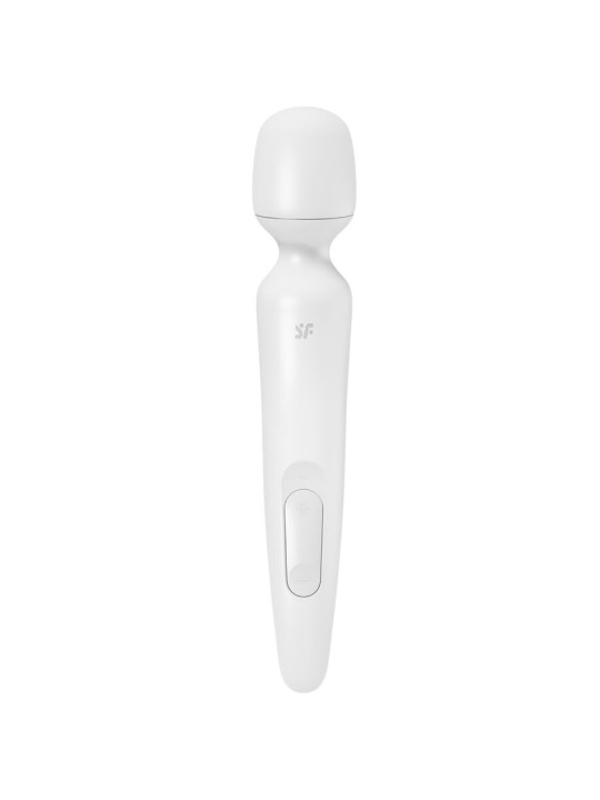 Masajeador wand Satisfyer Wand-erland en blanco, con cabezal redondeado, logotipo SF y panel de botones en el mango
