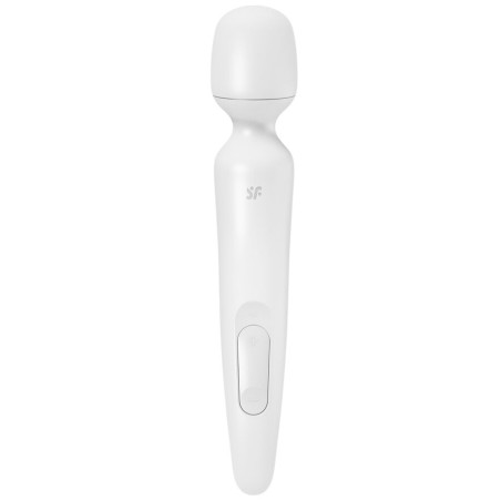 Masajeador wand Satisfyer Wand-erland en blanco, con cabezal redondeado, logotipo SF y panel de botones en el mango