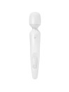 Masajeador wand Satisfyer Wand-erland en blanco, con cabezal redondeado, logotipo SF y panel de botones en el mango